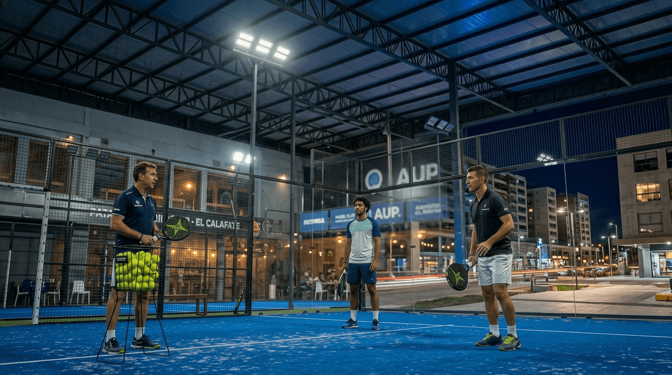 Entrenador con alumnos en cancha nocturna